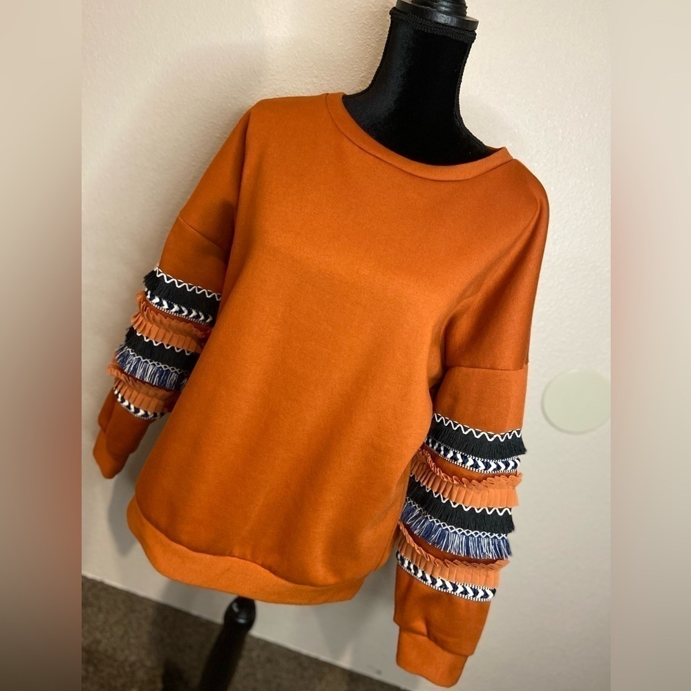 AndTheWhy~Boho Vibe Burnt Orange Sweatshirt~Fringe & Trim Detail Sleeves~Size M - Picture 4 of 14